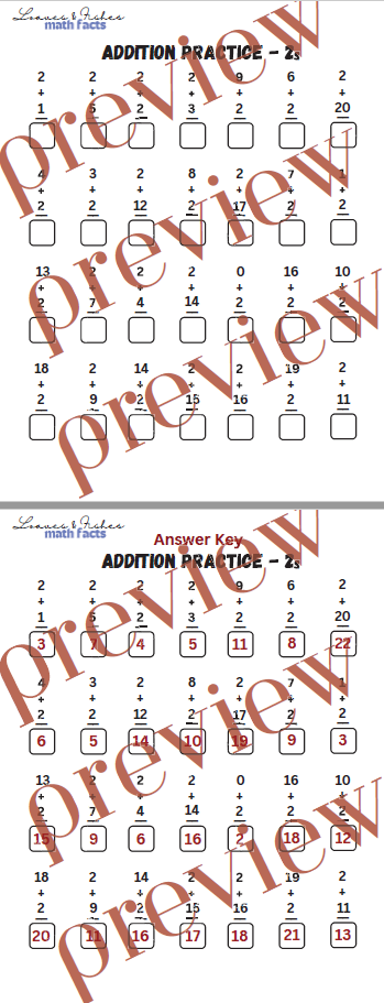 Addition Practice Worksheet 2s with Answer Sheet