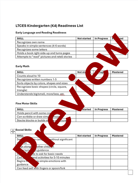 Grade Readiness Assessment Checklist for K4-2nd Grade