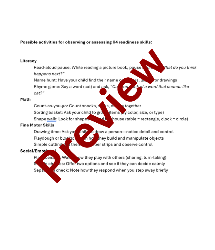 Grade Readiness Assessment Checklist for K4-2nd Grade