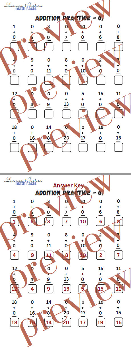 Addition Practice Worksheet 0s with Answer Sheet