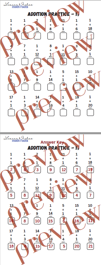 Addition Practice Worksheet 1s with Answer Sheet