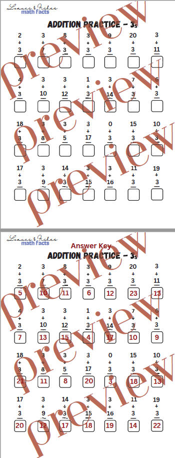 Addition Practice Worksheet 3s with Answer Sheet