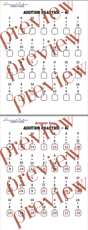 Addition Practice Worksheet 4s with Answer Sheet