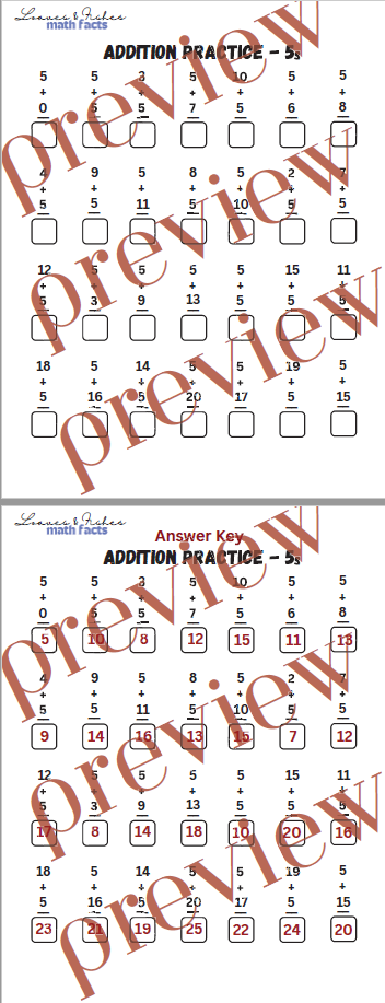 Addition Practice Worksheet 5s with Answer Sheet