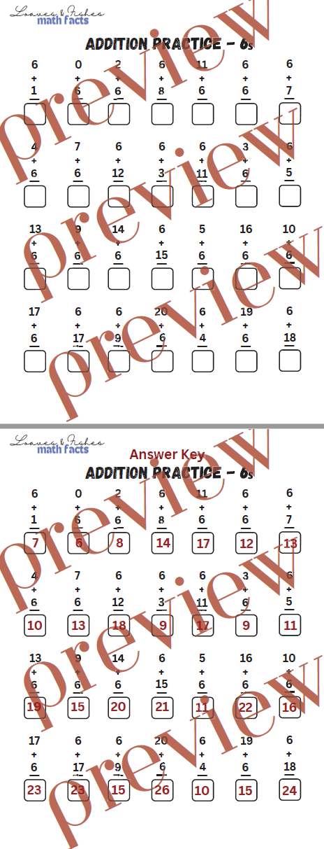 Addition Practice Worksheet 6s with Answer Sheet
