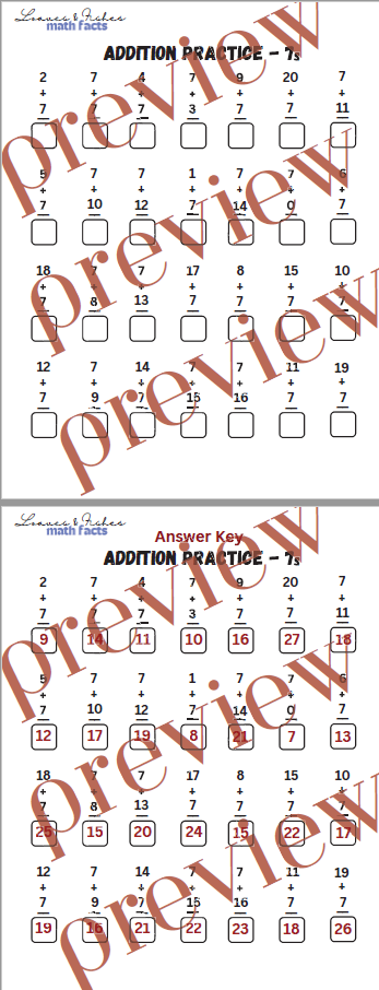 Addition Practice Worksheet 7s with Answer Sheet