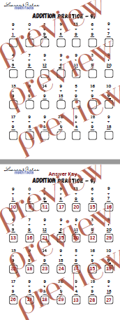 Addition Practice Worksheet 9s with Answer Sheet
